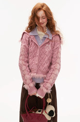 High collar patchwork wool sweater cardigan